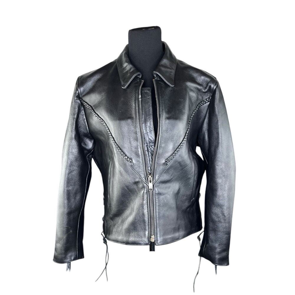 Vtg Leather King Echtes Leder Womens Biker‎ Punk Jacket Terminator Sz Lg Unlined